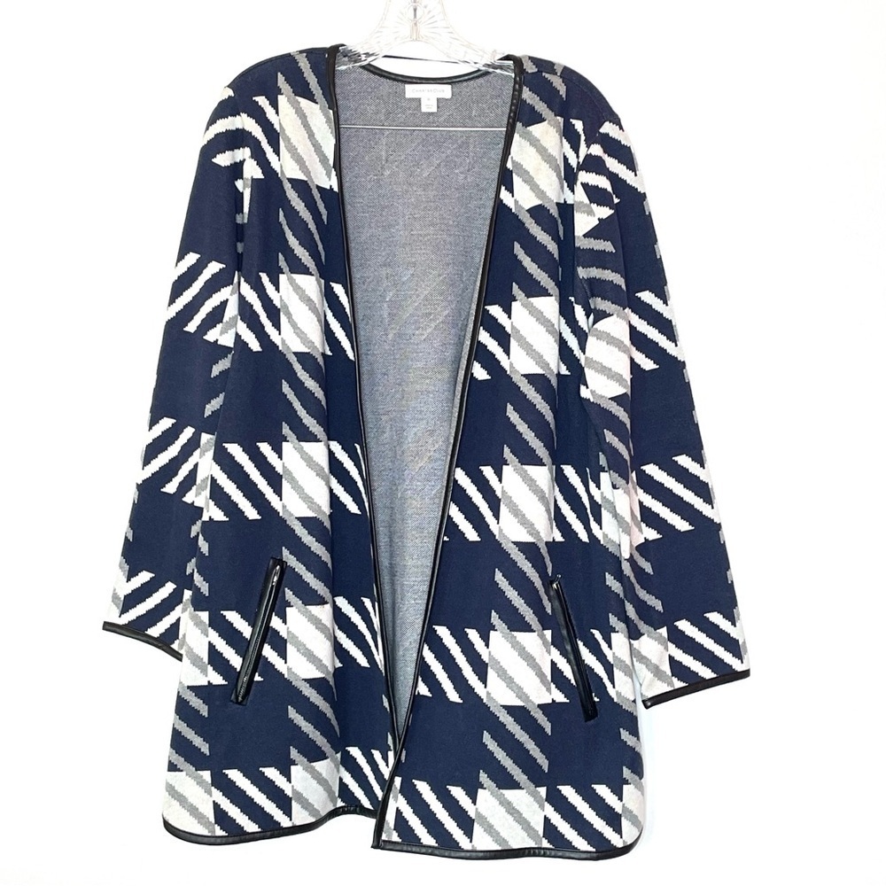 Charter Club Open Front Houndstooth Cardigan Sweater Faux Leather Details Sz XL